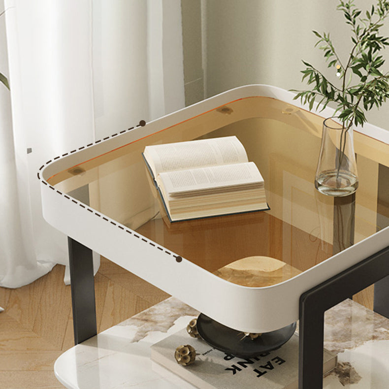 Modern Slab Reinforced Glass Iron End Table — White Frame & Gray Slab