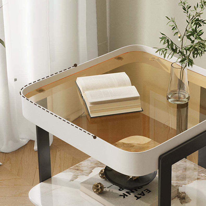 Modern Slab Reinforced Glass Iron End Table — White Frame & Gray Slab