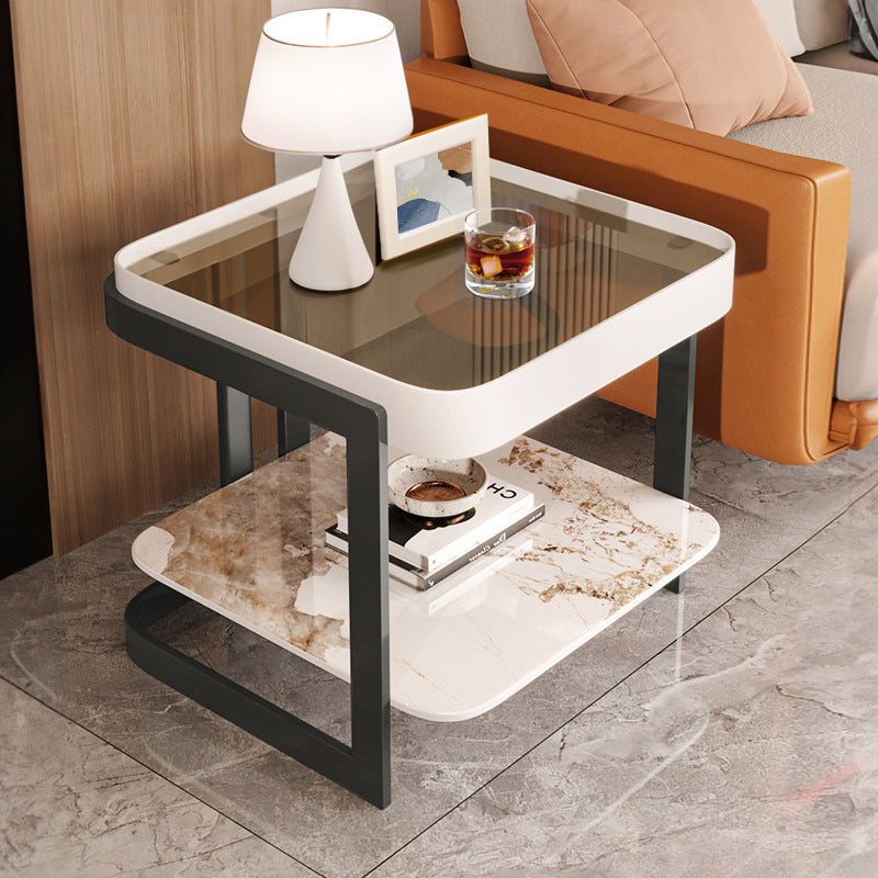 Modern Slab Reinforced Glass Iron End Table — Orange Frame & Gray Slab