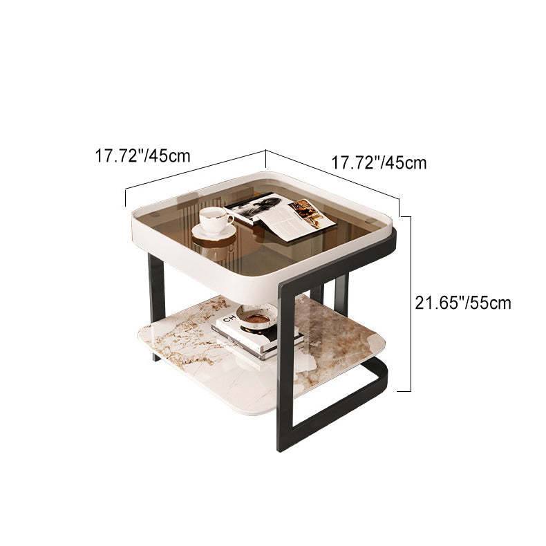 Modern Slab Reinforced Glass Iron End Table — White Frame & Pandora Slab