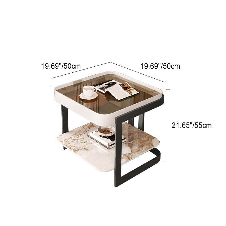 Modern Slab Reinforced Glass Iron End Table — Blue Frame & White Slab