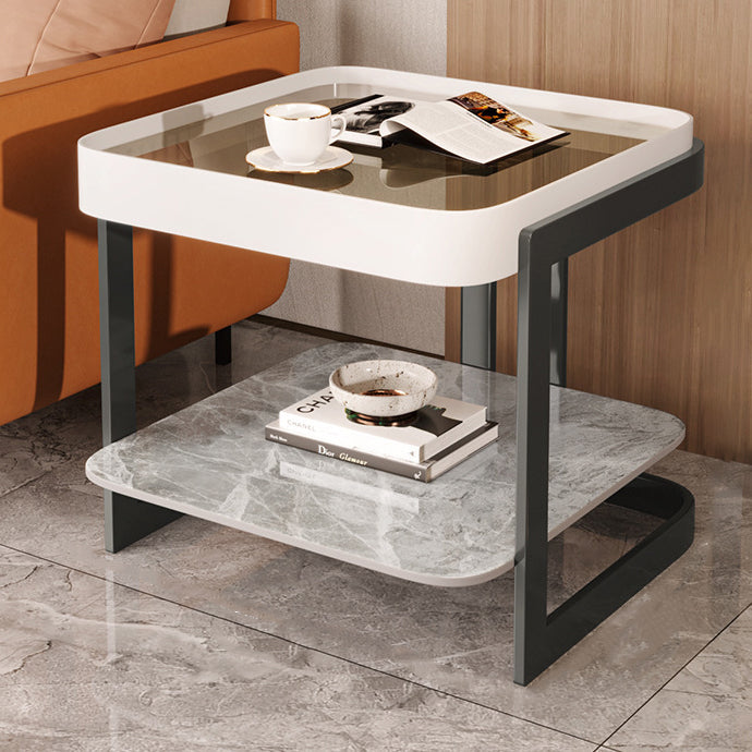 Modern Slab Reinforced Glass Iron End Table — Blue Frame & Gray Slab