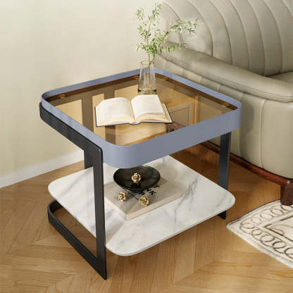 Modern Slab Reinforced Glass Iron End Table — White Frame & Gray Slab
