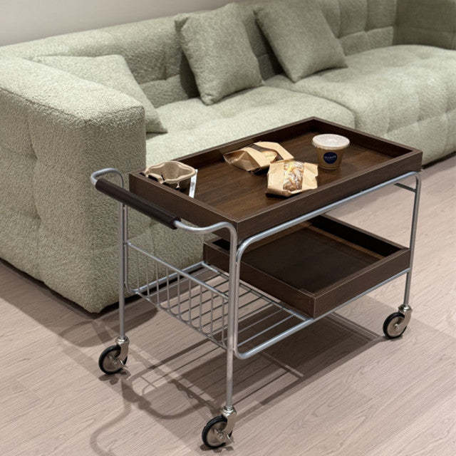 Mid-Century Metal Wood Trolley Side Table 2-Tier Movable — Wood / Cherry Wood Color
