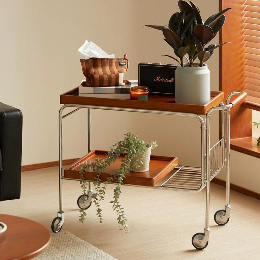 Mid-Century Metal Wood Trolley Side Table 2-Tier Movable