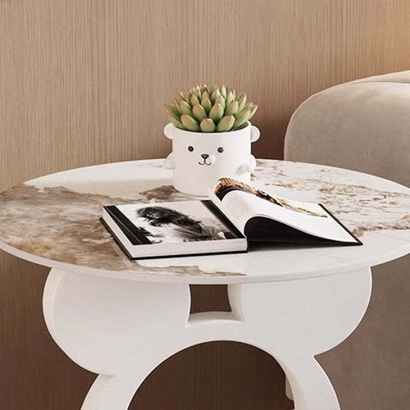 Round Mouse Bowl Slab Metal End Table — White / Gray