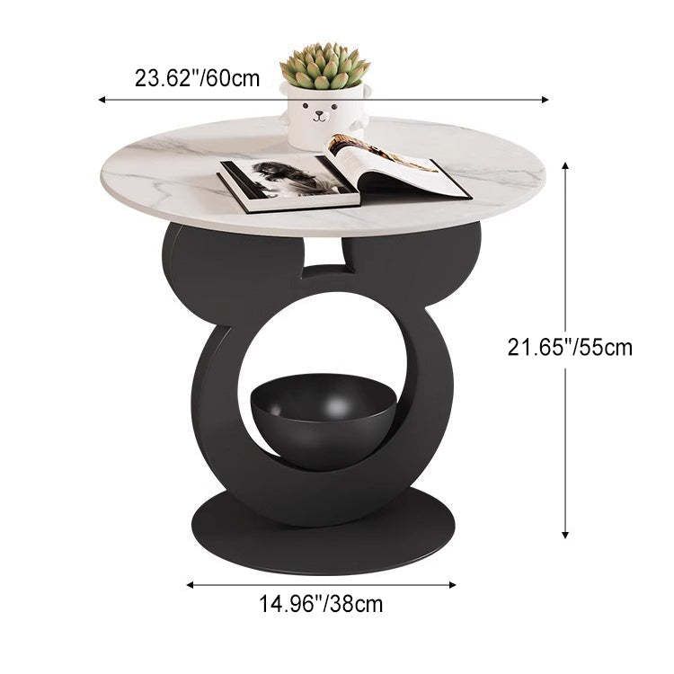 Round Mouse Bowl Slab Metal End Table — White / White