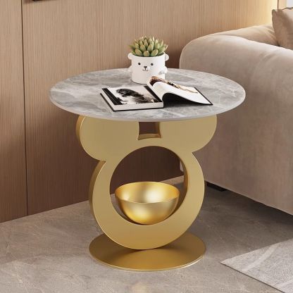 Round Mouse Bowl Slab Metal End Table — Black / White