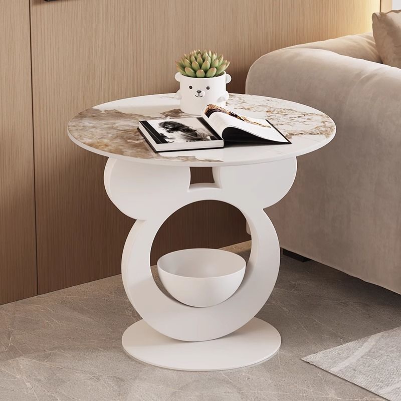 Round Mouse Bowl Slab Metal End Table — Gold / White