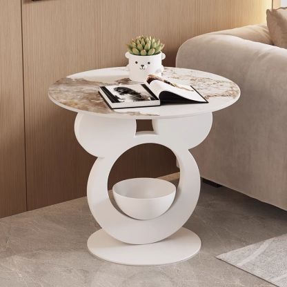 Round Mouse Bowl Slab Metal End Table — Gold / White