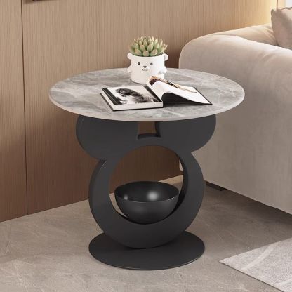 Round Mouse Bowl Slab Metal End Table — Gold / Gray