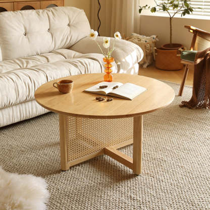 Japanese Woven Rattan Wood Coffee Table — Wood Color