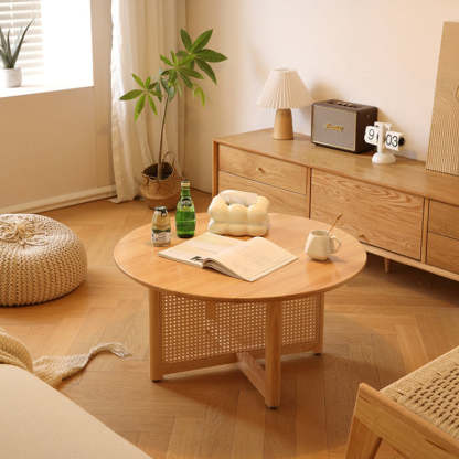 Japanese Woven Rattan Wood Coffee Table