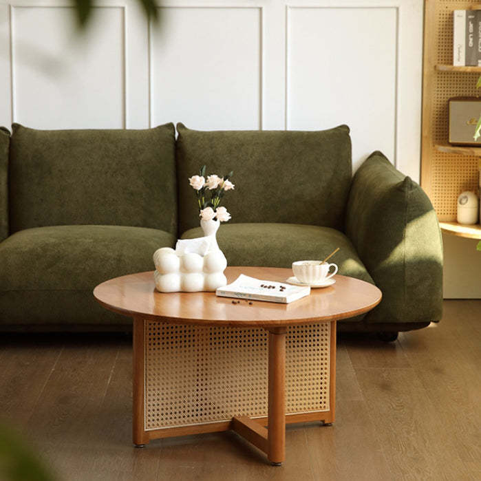 Japanese Woven Rattan Wood Coffee Table — Walnut Color
