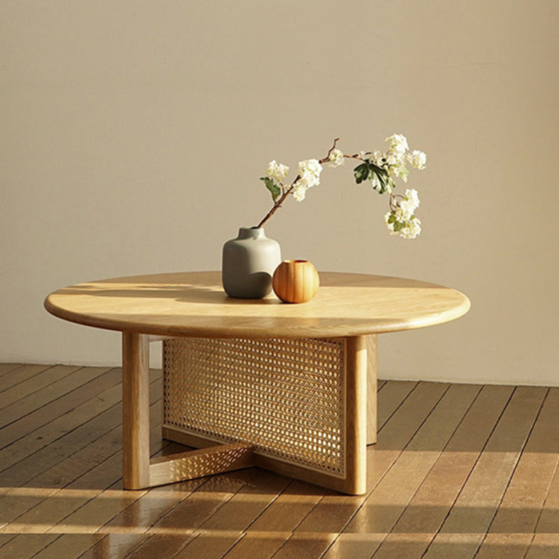 Japanese Woven Rattan Wood Coffee Table — Cherry Wood Color