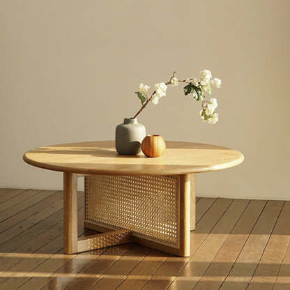 Japanese Woven Rattan Wood Coffee Table — Cherry Wood Color