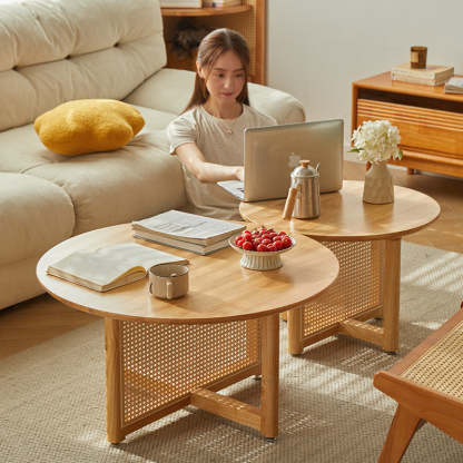 Japanese Woven Rattan Wood Coffee Table