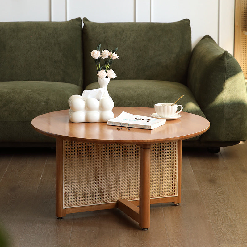 Japanese Woven Rattan Wood Coffee Table — Cherry Wood Color