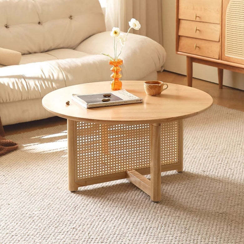 Japanese Woven Rattan Wood Coffee Table — Wood Color