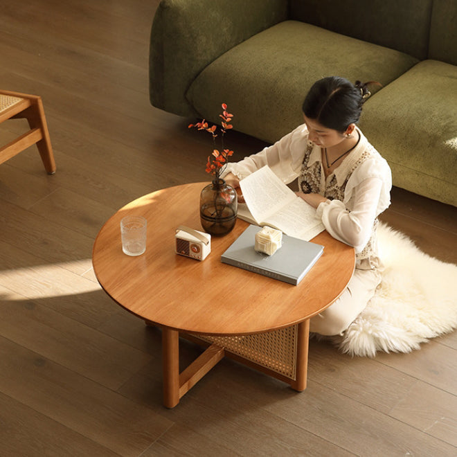 Japanese Woven Rattan Wood Coffee Table