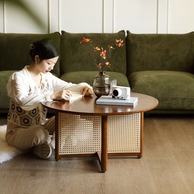Japanese Woven Rattan Wood Coffee Table