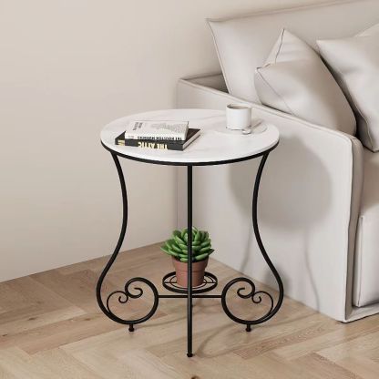 Nordic Round Slab Iron Steel End Table — White / White