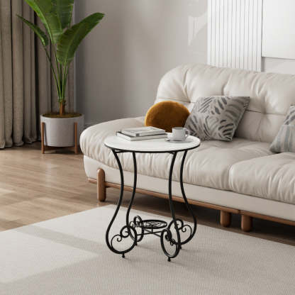 Nordic Round Slab Iron Steel End Table — White / Black