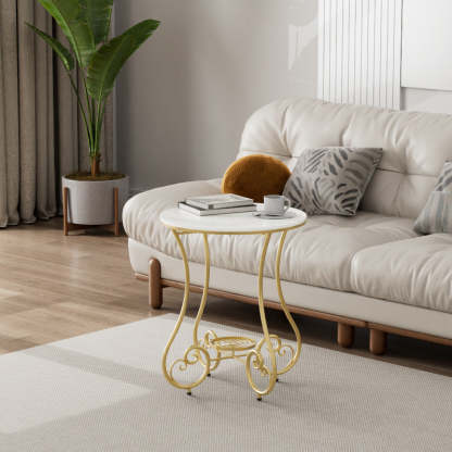 Nordic Round Slab Iron Steel End Table — Gold / White