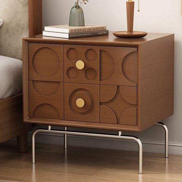 Retro Arabesque Wood Stainless Steel Nightstand — Wood / Walnut Color