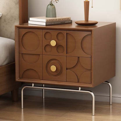 Retro Arabesque Wood Stainless Steel Nightstand — Wood / Walnut Color