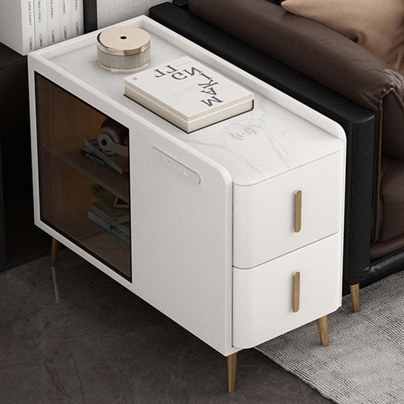 Modern Leather Wood Slab 2-Drawer Side Table — Left / White