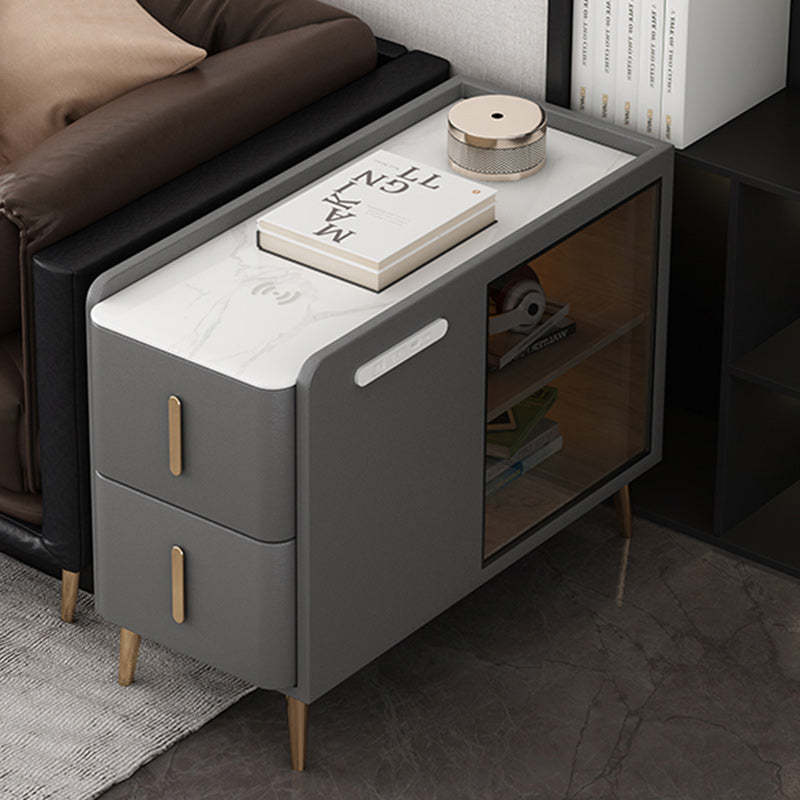 Modern Leather Wood Slab 2-Drawer Side Table — Left / Orange