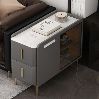 Modern Leather Wood Slab 2-Drawer Side Table — Left / Orange