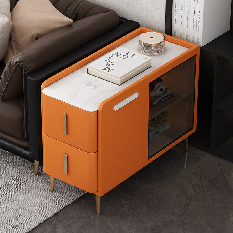 Modern Leather Wood Slab 2-Drawer Side Table — Right / Orange