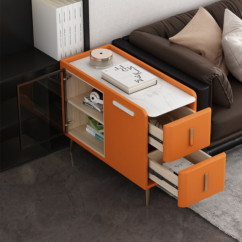 Modern Leather Wood Slab 2-Drawer Side Table — Left / White
