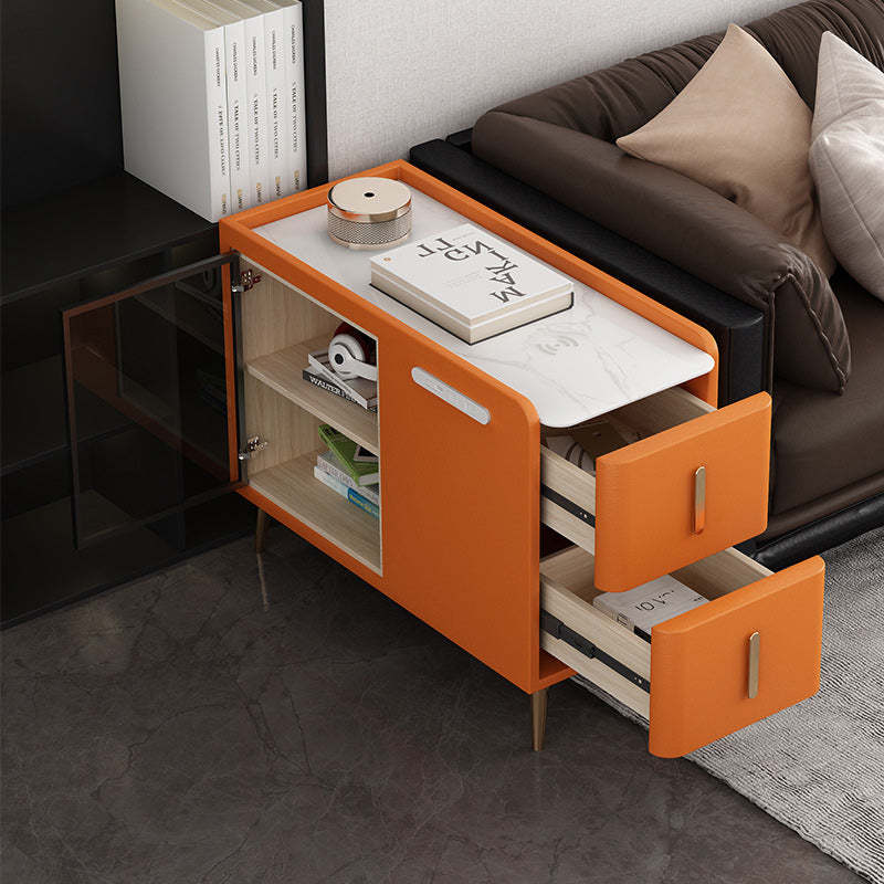 Modern Leather Wood Slab 2-Drawer Side Table — Left / White