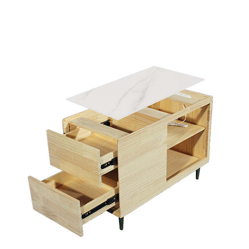 Modern Leather Wood Slab 2-Drawer Side Table — Left / Light Gray