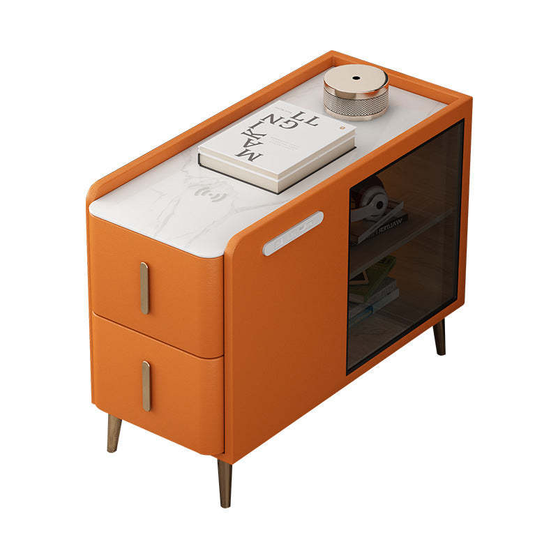 Modern Leather Wood Slab 2-Drawer Side Table — Right / Light Gray