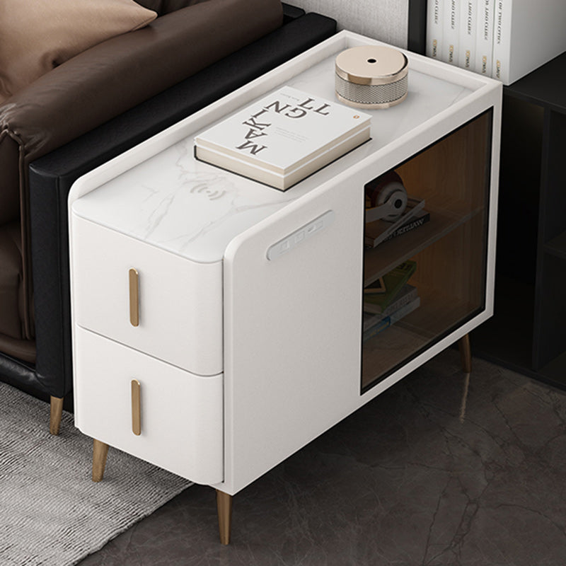 Modern Leather Wood Slab 2-Drawer Side Table — Right / White