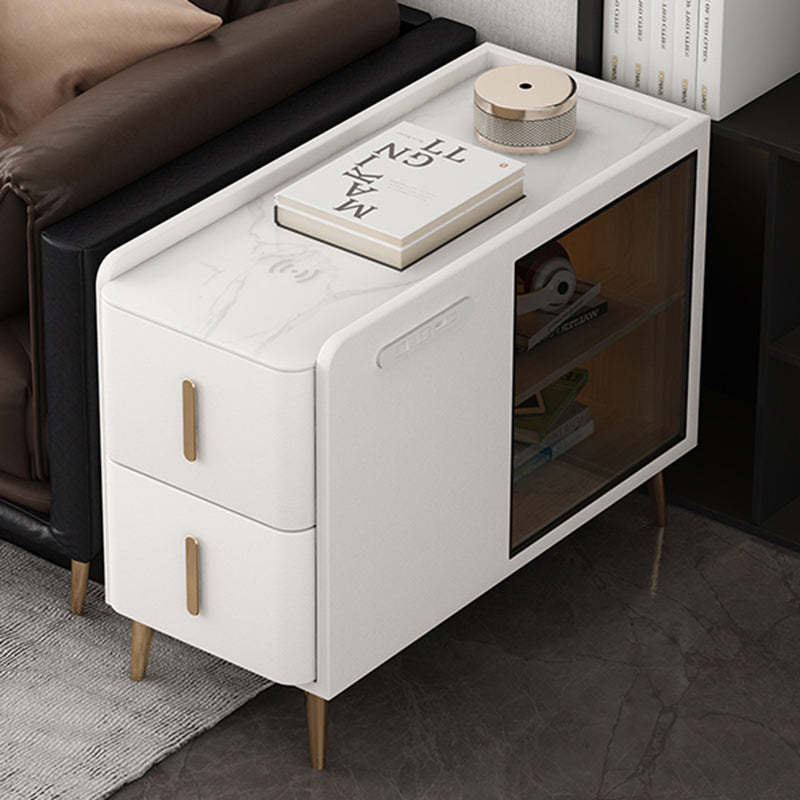 Modern Leather Wood Slab 2-Drawer Side Table — Right / White