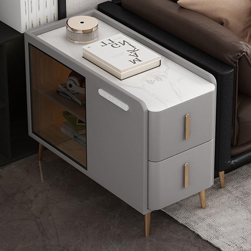 Modern Leather Wood Slab 2-Drawer Side Table — Left / Orange