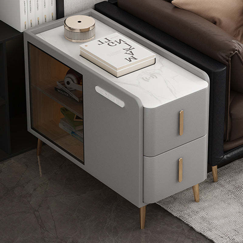 Modern Leather Wood Slab 2-Drawer Side Table — Left / Orange