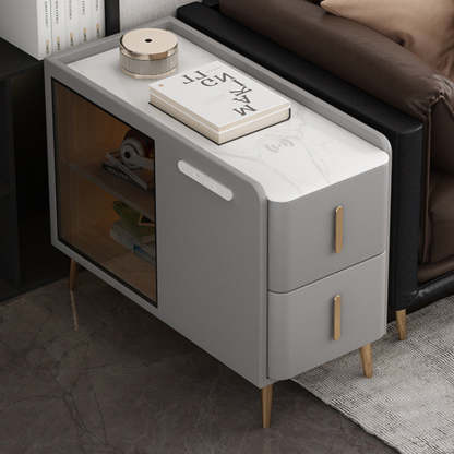 Modern Leather Wood Slab 2-Drawer Side Table — Left / Orange