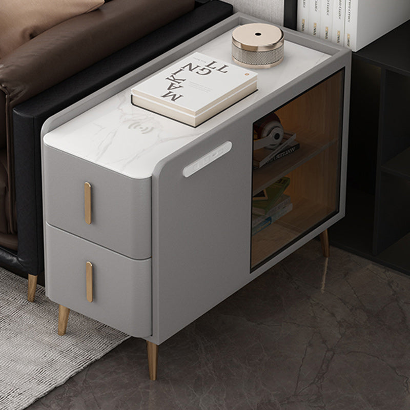 Modern Leather Wood Slab 2-Drawer Side Table — Left / Light Gray