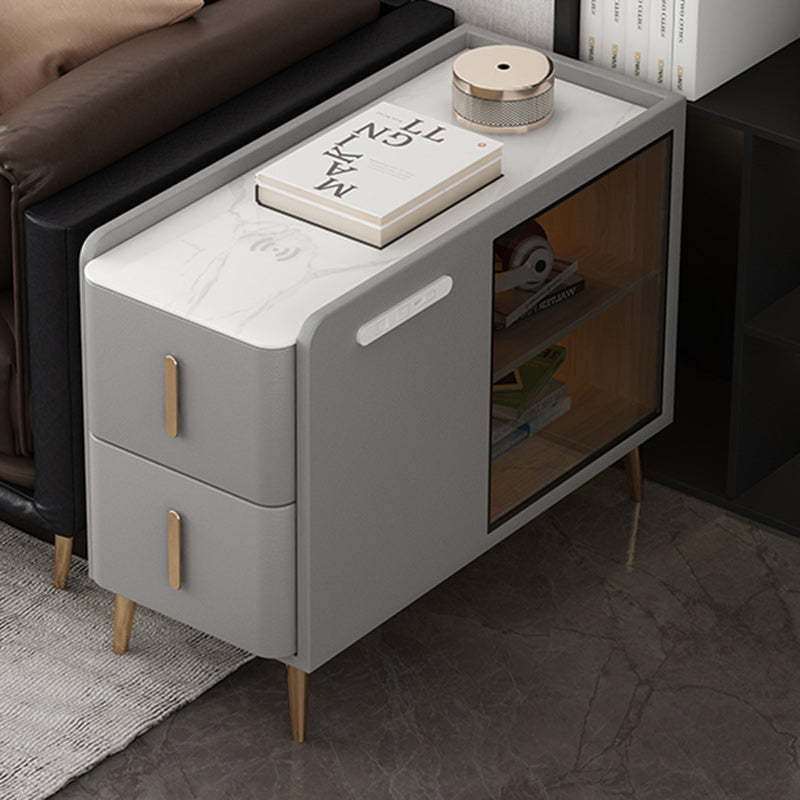 Modern Leather Wood Slab 2-Drawer Side Table — Left / Light Gray