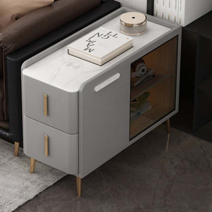 Modern Leather Wood Slab 2-Drawer Side Table — Left / Light Gray