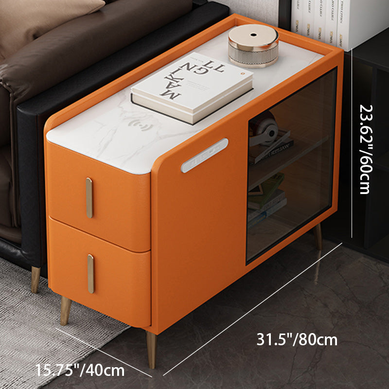 Modern Leather Wood Slab 2-Drawer Side Table — Right / Orange