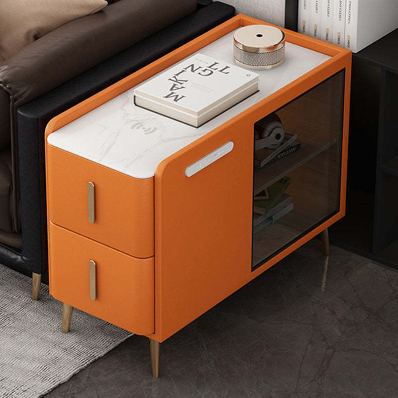 Modern Leather Wood Slab 2-Drawer Side Table — Right / White