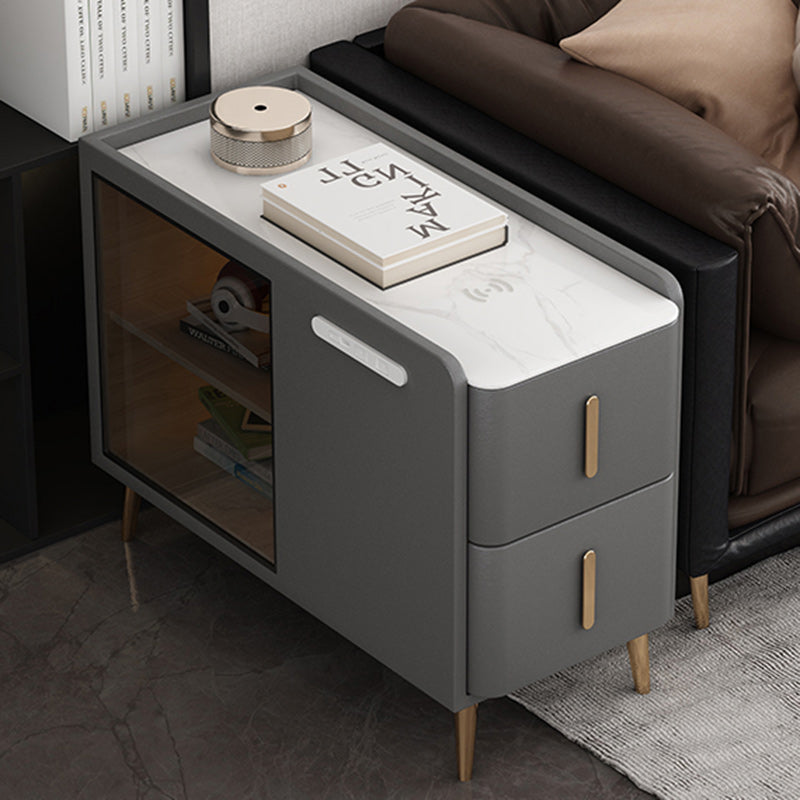 Modern Leather Wood Slab 2-Drawer Side Table — Left / Dark Gray