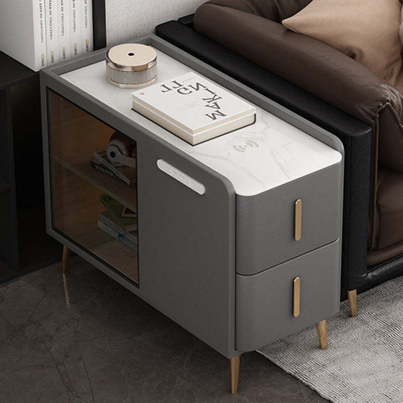 Modern Leather Wood Slab 2-Drawer Side Table — Left / Dark Gray
